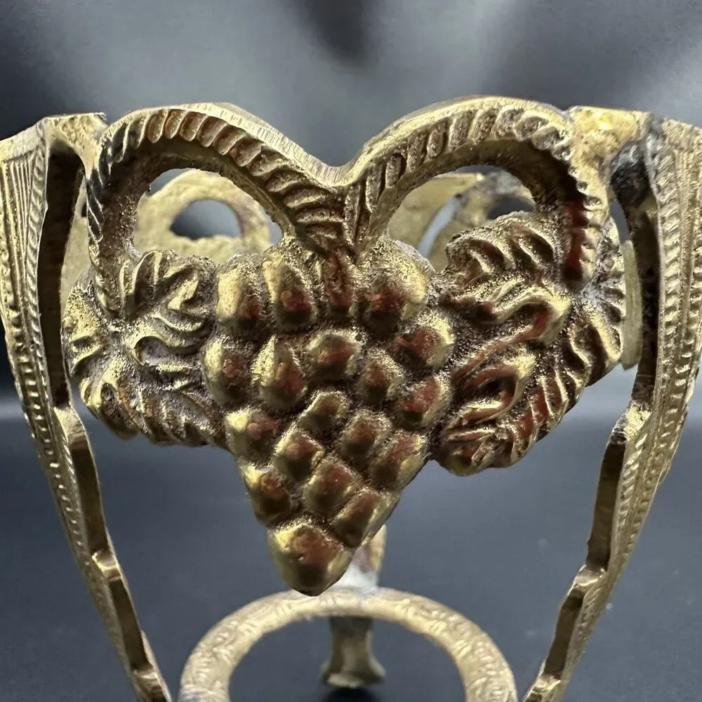 Vintage Crackle Glass Cone Vase Ornate Brass Grape Pod Tripod Stand Set MCM 5.5